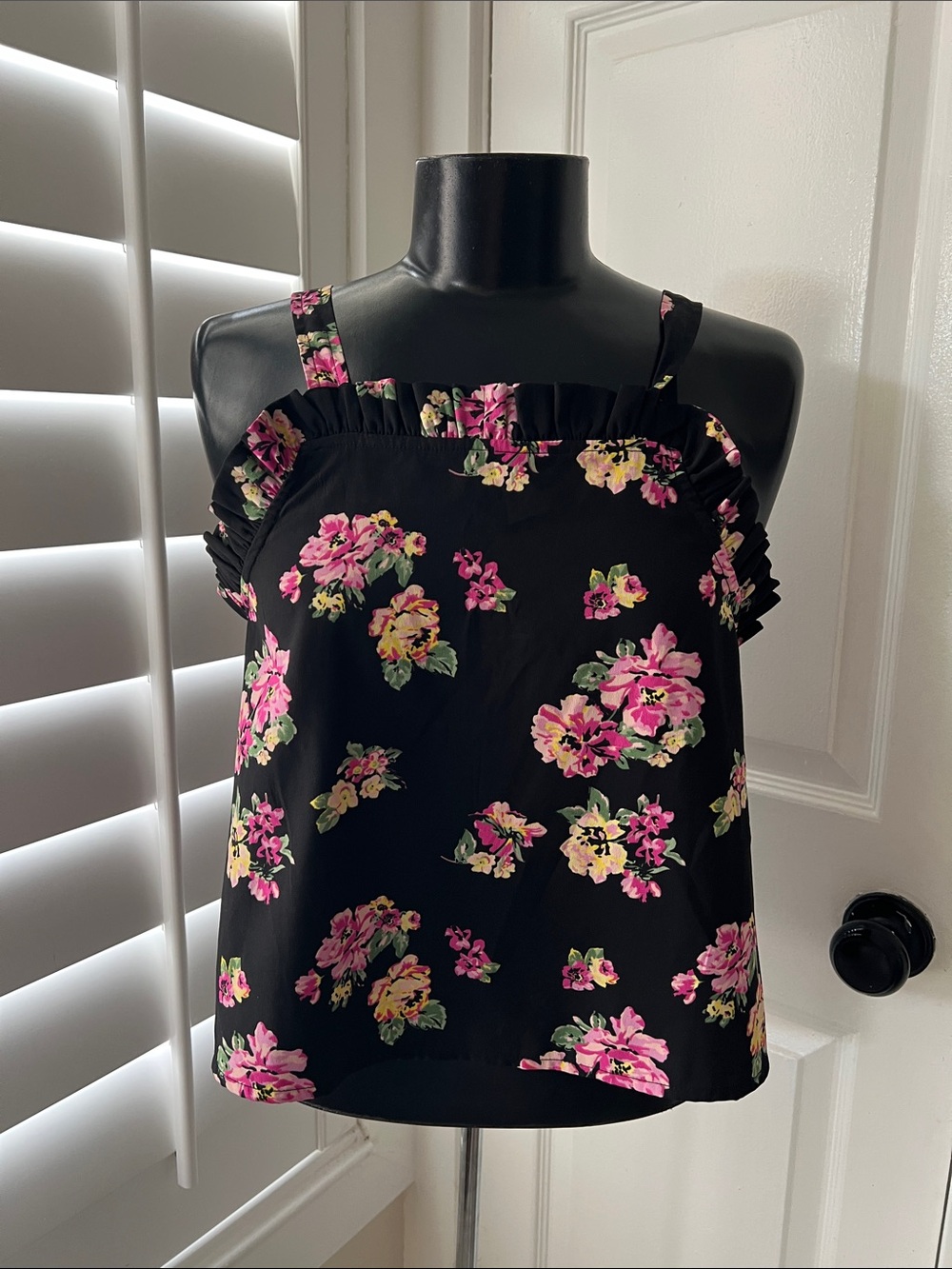 Floral Ruffle-Trim Black Tank Top - Pink Floral